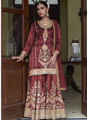 maroon simmer silk embroidered & handwork designer Palazzo suit 1