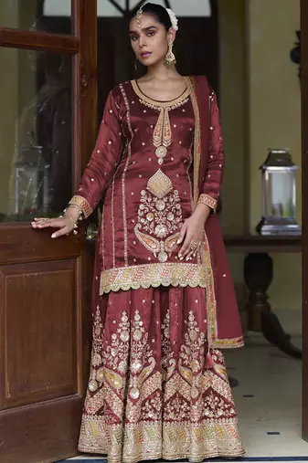 maroon simmer silk embroidered & handwork designer  Palazzo suit