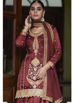 maroon simmer silk embroidered & handwork designer Palazzo suit 2