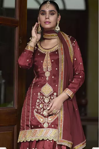 maroon simmer silk embroidered & handwork designer Palazzo suit