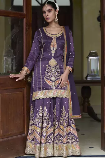 violet simmer silk embroidered & handwork designer  Palazzo suit