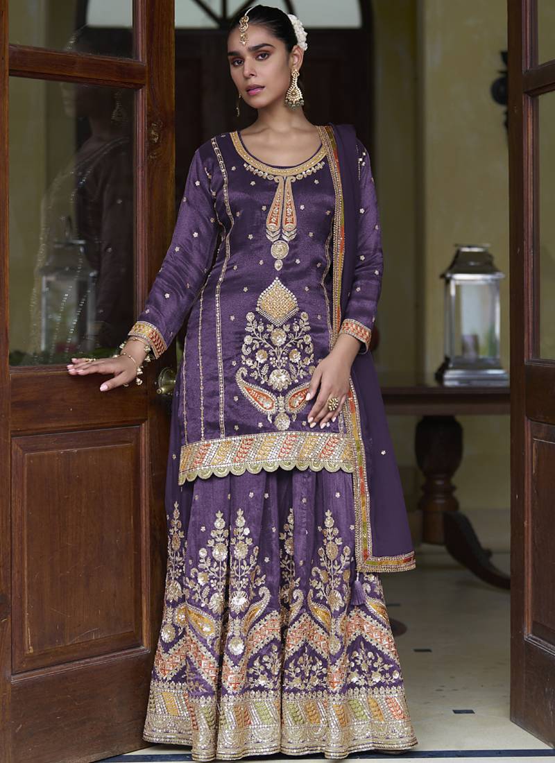 violet simmer silk embroidered & handwork designer  plazzo suit
