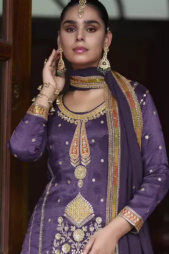 violet simmer silk embroidered & handwork designer Palazzo suit