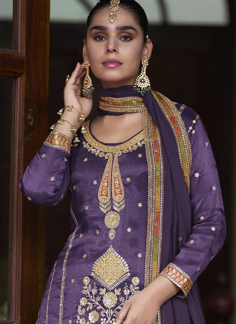 violet simmer silk embroidered & handwork designer  plazzo suit