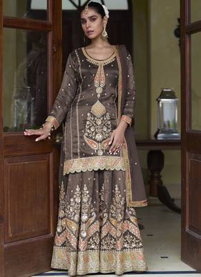 Brown simmer silk embroidered & handwork designer Palazzo suit 1