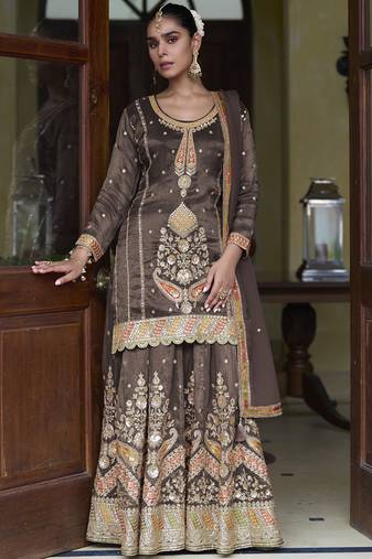 Brown simmer silk embroidered & handwork designer  plazzo suit