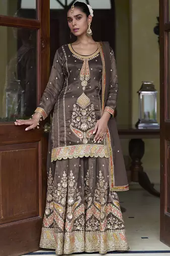 Brown simmer silk embroidered & handwork designer  Palazzo suit