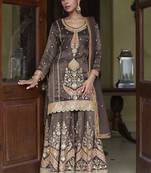 Brown simmer silk embroidered & handwork designer  Palazzo suit