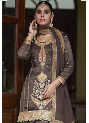 Brown simmer silk embroidered & handwork designer Palazzo suit 2