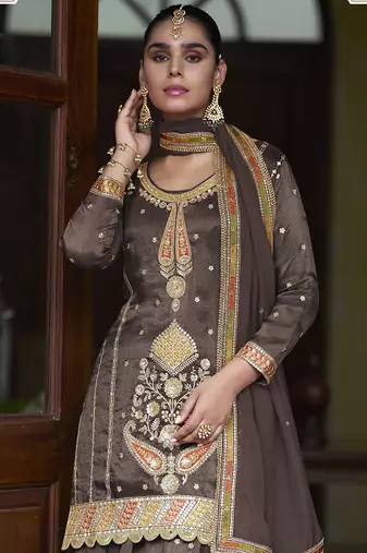 Brown simmer silk embroidered & handwork designer Palazzo suit