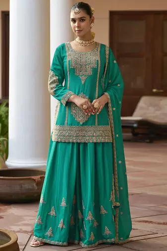 chinon silk embroidered & handwork designer  plazzo suit