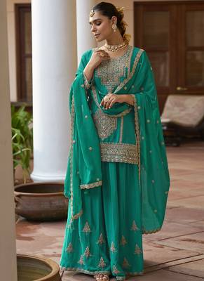 chinon silk embroidered & handwork designer Palazzo suit 2