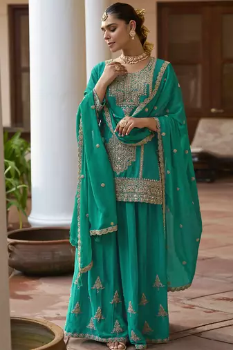 chinon silk embroidered & handwork designer Palazzo suit