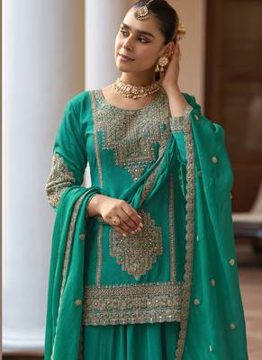 chinon silk embroidered & handwork designer Palazzo suit 3