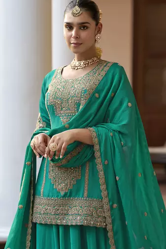 chinon silk embroidered & handwork designer Palazzo suit