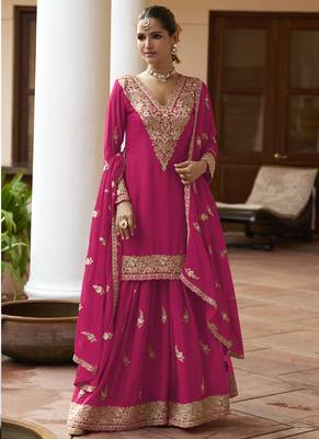 Pink chinon silk embroidered & handwork designer Palazzo suit 1
