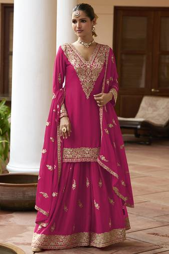 Pink chinon silk embroidered & handwork designer  plazzo suit