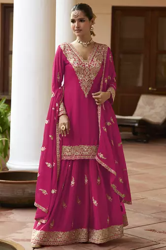 Pink chinon silk embroidered & handwork designer  plazzo suit