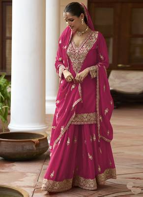 Pink chinon silk embroidered & handwork designer Palazzo suit 2