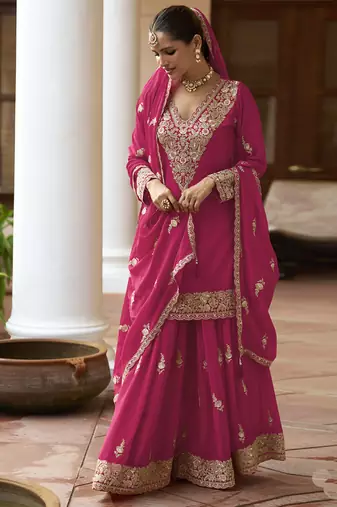 Pink chinon silk embroidered & handwork designer Palazzo suit