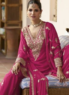 Pink chinon silk embroidered & handwork designer Palazzo suit 3
