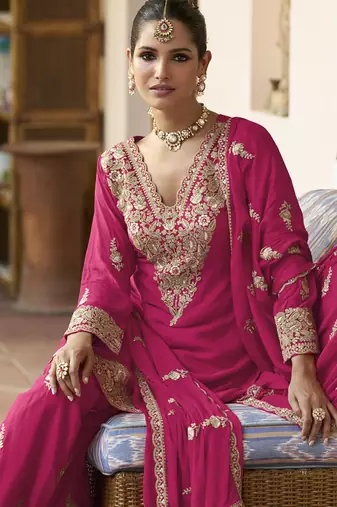 Pink chinon silk embroidered & handwork designer Palazzo suit