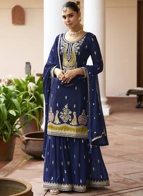 Navy blue chinon silk embroidered & handwork designer Palazzo suit 1