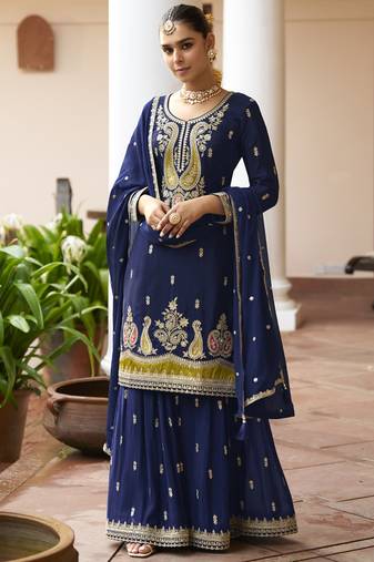 Navy blue chinon silk embroidered & handwork designer  plazzo suit
