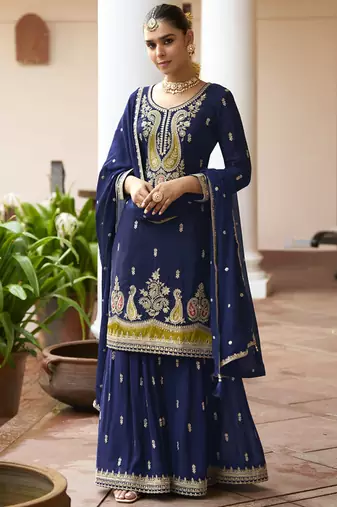 Navy blue chinon silk embroidered & handwork designer  plazzo suit