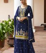 Navy blue chinon silk embroidered & handwork designer  Palazzo suit