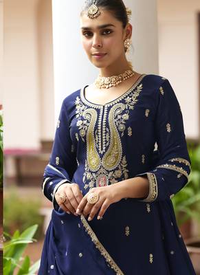 Navy blue chinon silk embroidered & handwork designer Palazzo suit 2