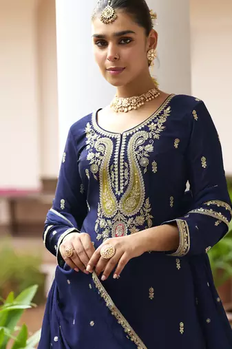 Navy blue chinon silk embroidered & handwork designer Palazzo suit