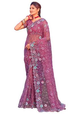 Pink coloe embroidered net designer saree with un-stitch blouse 1