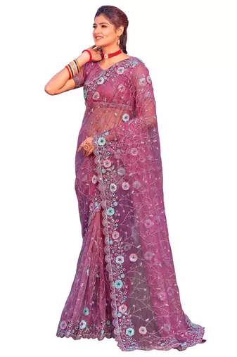Pink coloe embroidered net designer saree with un-stitch blouse