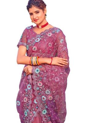 Pink coloe embroidered net designer saree with un-stitch blouse 2
