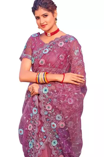 Pink coloe embroidered net designer saree with un-stitch blouse