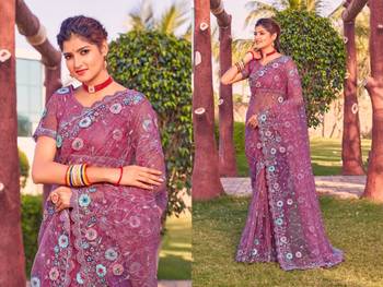 Pink coloe embroidered net designer saree with un-stitch blouse 3