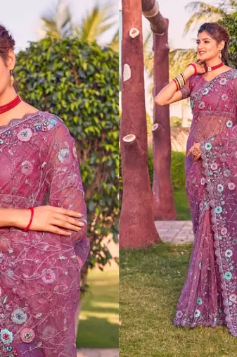 Pink coloe embroidered net designer saree with un-stitch blouse