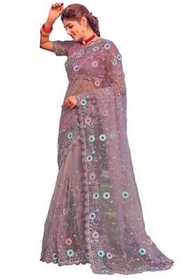 Levender coloe embroidered net designer saree with un-stitch blouse 1