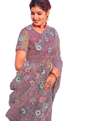 Levender coloe embroidered net designer saree with un-stitch blouse 2