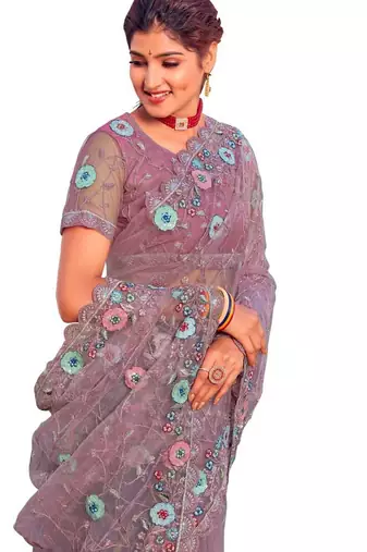 Levender coloe embroidered net designer saree with un-stitch blouse
