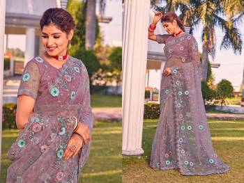 Levender coloe embroidered net designer saree with un-stitch blouse 3