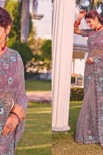 Levender coloe embroidered net designer saree with un-stitch blouse