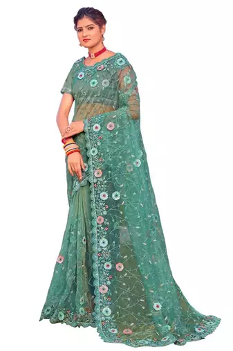Sky blue coloe embroidered net designer saree with un-stitch blouse