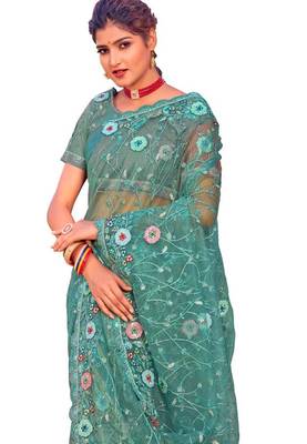 Sky blue coloe embroidered net designer saree with un-stitch blouse 2