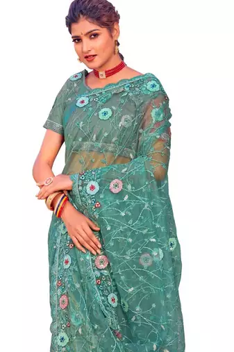 Sky blue coloe embroidered net designer saree with un-stitch blouse