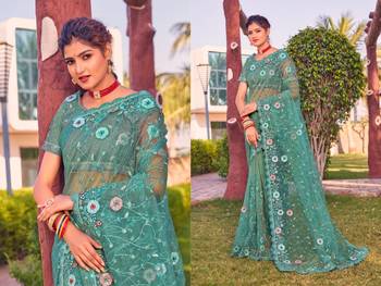 Sky blue coloe embroidered net designer saree with un-stitch blouse 3