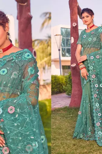 Sky blue coloe embroidered net designer saree with un-stitch blouse