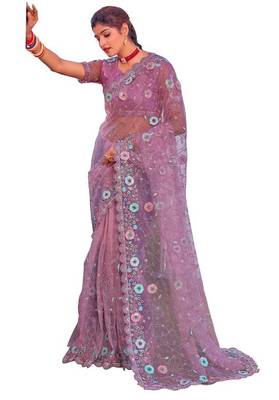 Light pink coloe embroidered net designer saree with un-stitch blouse 1