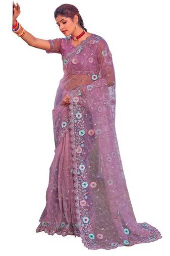 Light pink coloe embroidered net designer saree with un-stitch blouse
